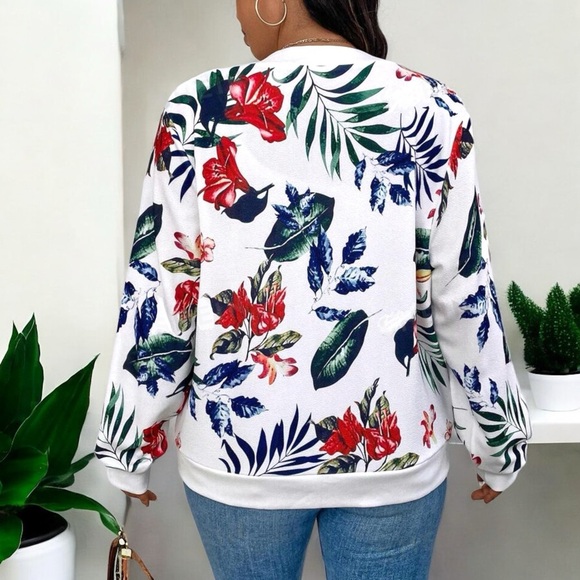 New Women's Tropical Plant Print Baseball Collar Jacket - Picture 8 of 16